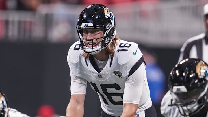 Aug 23, 2024; Atlanta, Georgia, USA; Jacksonville Jaguars quarterback Trevor Lawrence (16) waits for the ball against the Atlanta Falcons during the first half at Mercedes-Benz Stadium. Mandatory Credit: Dale Zanine-Imagn Images