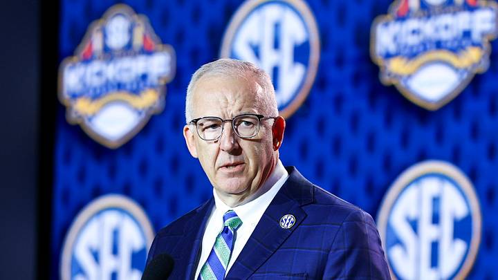 Jul 20, 2026; Tampa, FL, USA; SEC Commissioner Greg Sankey speaks to the press during SEC Football Kickoff Media Day at the Tampa Marriott. Mandatory Credit: Nathan Ray Seebeck-Imagn Images