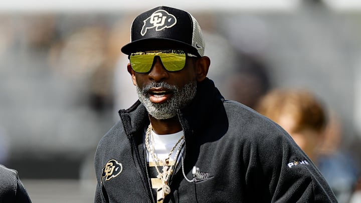 Apr 19, 2025; Boulder, CO, USA; Colorado Buffaloes head coach Deion Sanders during the spring game at Folsom Field. Apr 19, 2025; Boulder, CO, USA; Colorado Buffaloes head coach Deion Sanders during the spring game at Folsom Field.