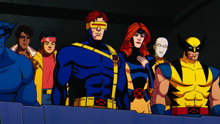 (L-R): Beast (voiced by George Buza), Roberto Da Costa (voiced by Gui Agustini), Jubilee (voiced by Holly Chou), Cyclops (voiced by Ray Chase), Jean Grey (voiced by Jennifer Hale), Morph (voiced by JP Karliak), and Wolverine (voiced by Cal Dodd) in Marvel Animation's X-MEN '97. Photo courtesy of Marvel Animation. © 2024 MARVEL.