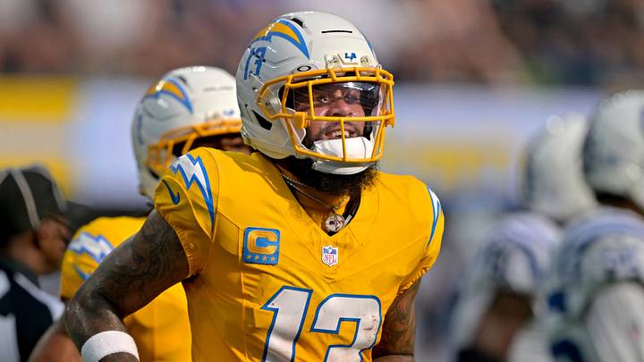 Oct 19, 2025; Inglewood, California, USA;  Los Angeles Chargers wide receiver Keenan Allen (13) celebrates after a touchdown against the Indianapolis Colts at SoFi Stadium. Mandatory Credit: Jayne Kamin-Oncea-Imagn Images