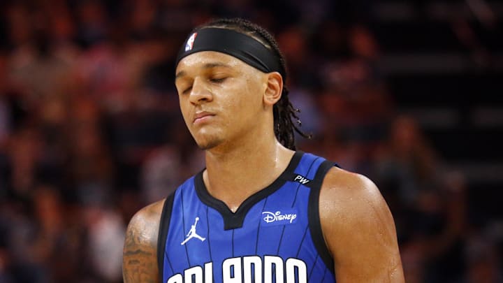 Oct 26, 2024; Memphis, Tennessee, USA; Orlando Magic forward Paolo Banchero (5) reacts at the end of the third quarter against the Memphis Grizzlies at FedExForum. Mandatory Credit: Petre Thomas-Imagn Images
