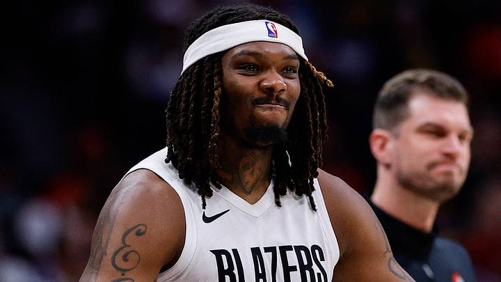 Apr 6, 2026; Denver, Colorado, USA; Portland Trail Blazers center Robert Williams III (35) reacts from the sideline in the third quarter against the Denver Nuggets at Ball Arena. Mandatory Credit: Isaiah J. Downing-Imagn Images