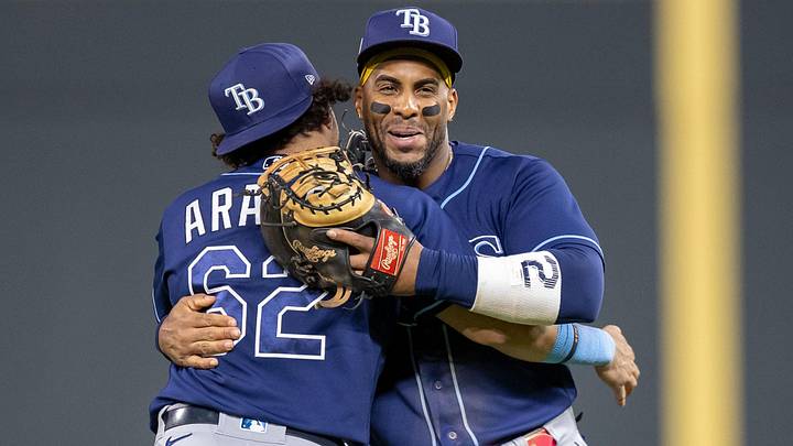 Sep 11, 2023; Minneapolis, Minnesota, USA; Tampa Bay Rays third baseman Jonathan Aranda (62) and first baseman Yandy Diaz (2) celebrate after defeating the Minnesota Twins at Target Field. Sep 11, 2023; Minneapolis, Minnesota, USA; Tampa Bay Rays third baseman Jonathan Aranda (62) and first baseman Yandy Diaz (2) celebrate after defeating the Minnesota Twins at Target Field.