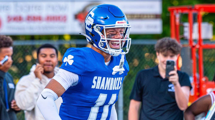Detroit Catholic Central's Gideon Gash celebrates a touchdown during a football game on Friday, Aug. 29, 2025.