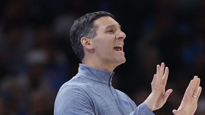 Oct 30, 2025; Oklahoma City, Oklahoma, USA; Oklahoma City Thunder head coach Mark Daigneault gestures to his team during a play against the Washington Wizards during the second half at Paycom Center. Mandatory Credit: Alonzo Adams-Imagn Images