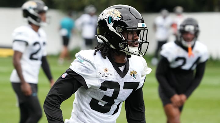 Oct 16, 2024; Watford, United Kingdom; Jacksonville Jaguars cornerback Tre Flowers (37) during practice at The Grove. Mandatory Credit: Kirby Lee-Imagn Images