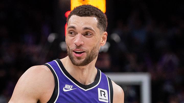 Feb 24, 2025; Sacramento, California, USA; Sacramento Kings guard Zach LaVine (8) reacts after scoring against the Charlotte Hornets during the fourth quarter at Golden 1 Center. Mandatory Credit: Ed Szczepanski-Imagn Images