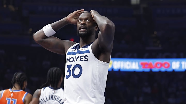 Nov 26, 2025; Oklahoma City, Oklahoma, USA; Minnesota Timberwolves forward Julius Randle (30) reacts after a call against him after a play against the Oklahoma City Thunder during the second quarter at Paycom Center. Mandatory Credit: Alonzo Adams-Imagn Images