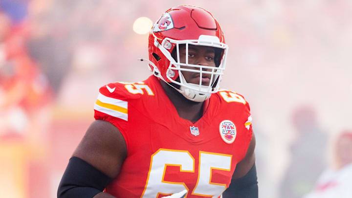 Jan 26, 2025; Kansas City, MO, USA; Kansas City Chiefs guard Trey Smith (65) against the Buffalo Bills in the AFC Championship game at GEHA Field at Arrowhead Stadium. Mandatory Credit: Mark J. Rebilas-Imagn Images