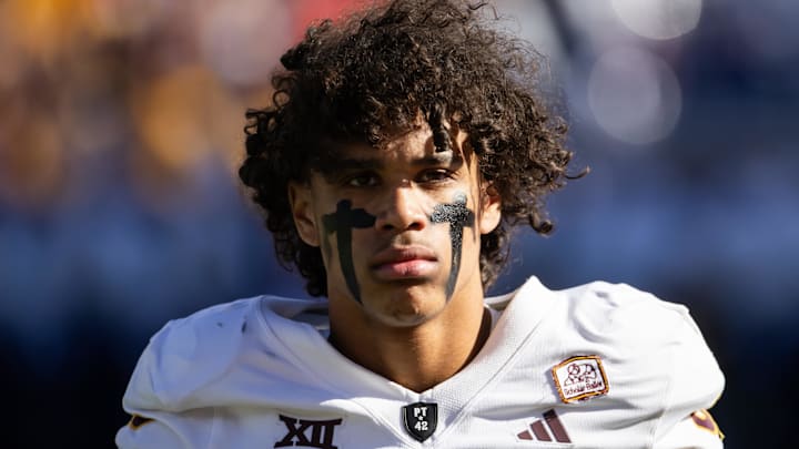 Nov 30, 2024; Tucson, Arizona, USA; Arizona State Sun Devils wide receiver Jordyn Tyson (0) against the Arizona Wildcats during the Territorial Cup at Arizona Stadium. Mandatory Credit: Mark J. Rebilas-Imagn Images