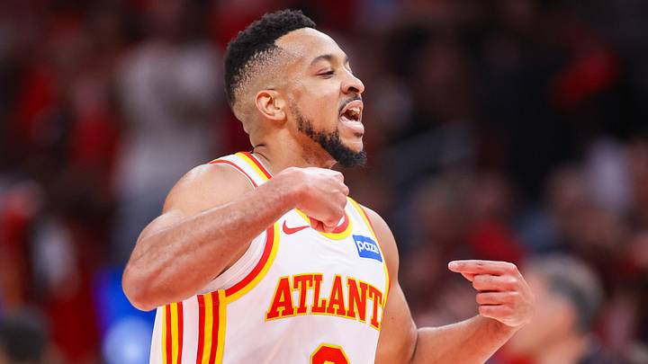 Atlanta Hawks guard CJ McCollum (3) reacts after a basket against the New York Knicks in the 2026 NBA Playoffs at State Farm Arena on April 23, 2026. Atlanta Hawks guard CJ McCollum (3) reacts after a basket against the New York Knicks in the 2026 NBA Playoffs at State Farm Arena on April 23, 2026.