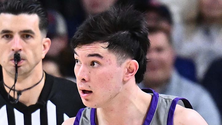 Feb 25, 2026; Spokane, Washington, USA; Portland Pilots guard Joel Foxwell (23) controls the ball against the Gonzaga Bulldogs in the first half at McCarthey Athletic Center. Mandatory Credit: James Snook-Imagn Images