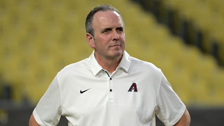 Oct 6, 2023; Los Angeles, CA, USA; Derrick Hall, President, CEO and general partner of the Arizona Diamondbacks on the field during the NLDS workouts at Dodgers Stadium. Mandatory Credit: Jayne Kamin-Oncea-Imagn Images Oct 6, 2023; Los Angeles, CA, USA; Derrick Hall, President, CEO and general partner of the Arizona Diamondbacks on the field during the NLDS workouts at Dodgers Stadium. Mandatory Credit: Jayne Kamin-Oncea-Imagn Images