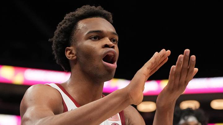 Mar 10, 2026; Charlotte, NC, USA; Stanford Cardinal guard Ebuka Okorie (1) reacts in the second half at Spectrum Center. Mandatory Credit: Bob Donnan-Imagn Images