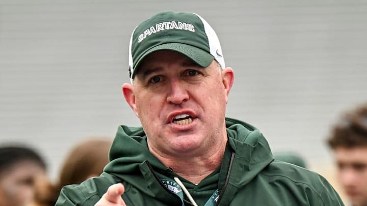 Michigan State's head coach Pat Fitzgerald addresses the team at the end of the football Spring Showcase on Saturday, April 18, 2026, at Spartan Stadium in East Lansing.