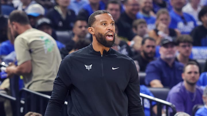 Apr 17, 2026; Orlando, Florida, USA; Charlotte Hornets head coach Charles Lee during the first quarter against the Orlando Magic during the play-in rounds of the 2026 NBA Playoffs at Kia Center. Mandatory Credit: Mike Watters-Imagn Images