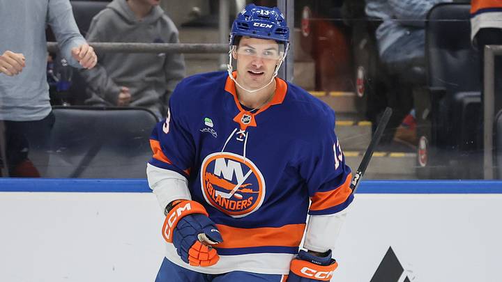Nov 26, 2025; Elmont, New York, USA; New York Islanders center Mathew Barzal (13) reacts after scoring a goal in the first period against the Boston Bruins at UBS Arena. Mandatory Credit: Wendell Cruz-Imagn Images Nov 26, 2025; Elmont, New York, USA; New York Islanders center Mathew Barzal (13) reacts after scoring a goal in the first period against the Boston Bruins at UBS Arena. Mandatory Credit: Wendell Cruz-Imagn Images