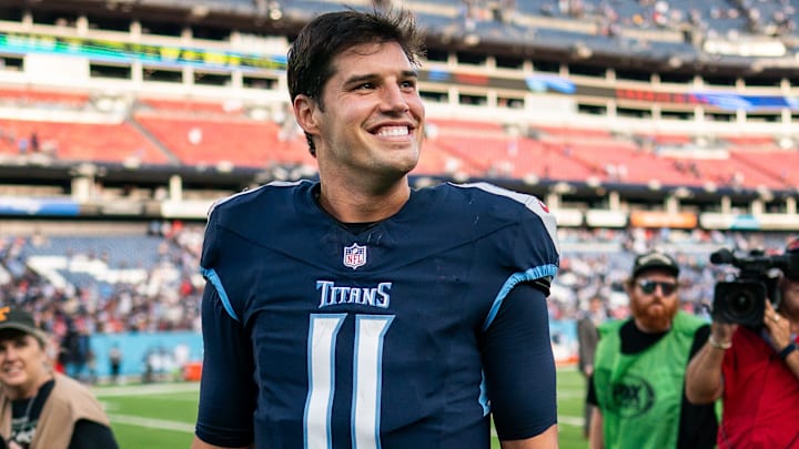 Tennessee Titans quarterback Mason Rudolph (11) reacts after defeating the New England Patriots in overtime at Nissan Stadium in Nashville, Tenn., Sunday, Nov. 3, 2024.