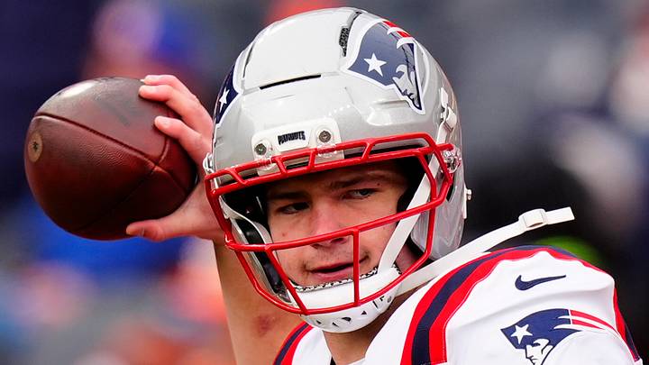 Jan 25, 2026; Denver, CO, USA; New England Patriots quarterback Drake Maye (10) practices before the 2026 AFC Championship Game at Empower Field at Mile High. Mandatory Credit: Ron Chenoy-Imagn Images
