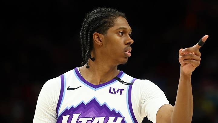 Mar 28, 2026; Phoenix, Arizona, USA; Utah Jazz forward Cody Williams (5) against the Phoenix Suns at Mortgage Matchup Center. Mandatory Credit: Mark J. Rebilas-Imagn Images