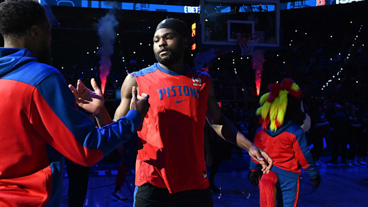 Apr 5, 2025; Detroit, Michigan, USA;  Detroit Pistons center Isaiah Stewart (right) and guard Malik Beasley do a special handshake during payer introductions before their game against the Memphis Grizzlies at Little Caesars Arena. Mandatory Credit: Lon Horwedel-Imagn Images