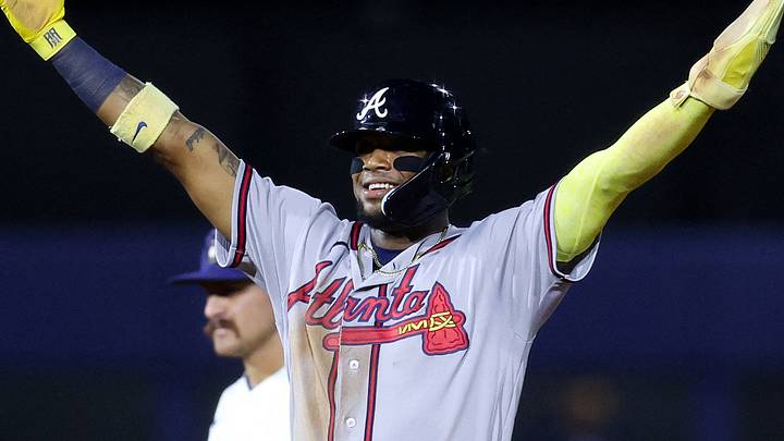 Aug 23, 2026; Williamsport, PA, USA;  Atlanta Braves right fielder Ronald Acuna Jr. (13) reacts after stealing second base during the fifth inning of the MLB Little League Classic against the Milwaukee Brewers at Journey Bank Ballpark at Historic Bowman Field.  Mandatory Credit: Matthew O'Haren-Imagn Images