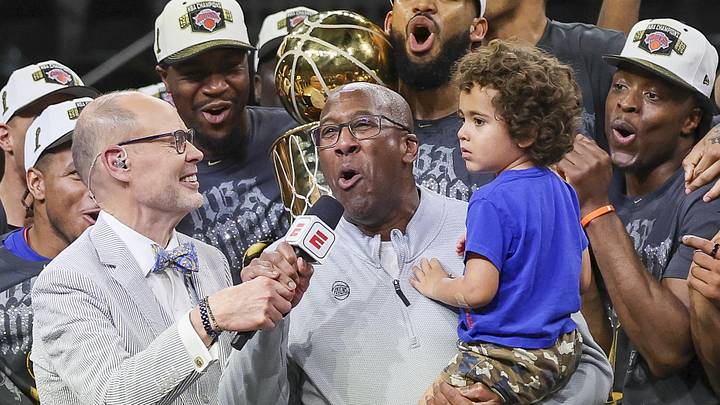 Jun 13, 2026; San Antonio, Texas, USA; New York Knicks head coach Mike Brown celebrates with his teammates after the Knicks defeat the San Antonio Spurs during game five of the 2026 NBA Finals at Frost Bank Center. Mandatory Credit: Geoff Burke-Imagn Images
