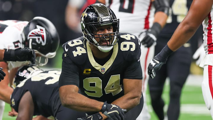 Nov 23, 2025; New Orleans, Louisiana, USA; New Orleans Saints defensive end Cameron Jordan (94) reacts after forcing a fumble against the Atlanta Falcons during the first half at Caesars Superdome. Mandatory Credit: Stephen Lew-Imagn Images