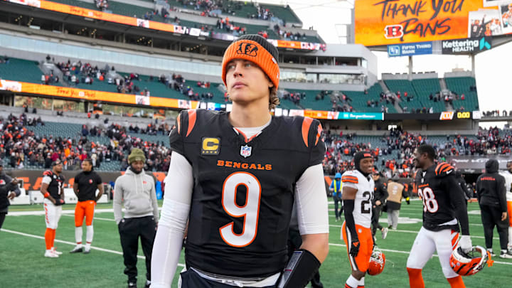 Cincinnati Bengals quarterback Joe Burrow (9) looks for hands to shake after the fourth quarter of the NFL Week 18 game between the Cincinnati Bengals and the Cleveland Browns at Paycor Stadium in Downtown Cincinnati on Sunday, Jan. 4, 2026. The Browns kicked a last second field goal to win 20-18.