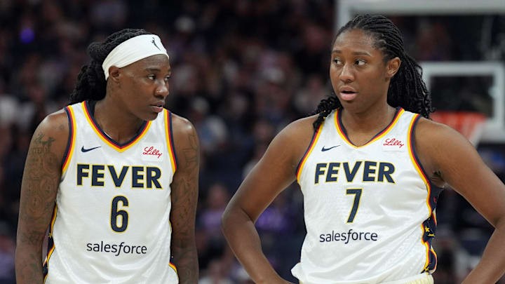 Aug 31, 2025; San Francisco, California, USA; Indiana Fever forwards Natasha Howard (6) and Aliyah Boston (7) stand on the court during the third quarter against the Golden State Valkyries at Chase Center. Mandatory Credit: Darren Yamashita-Imagn Images Aug 31, 2025; San Francisco, California, USA; Indiana Fever forwards Natasha Howard (6) and Aliyah Boston (7) stand on the court during the third quarter against the Golden State Valkyries at Chase Center. Mandatory Credit: Darren Yamashita-Imagn Images