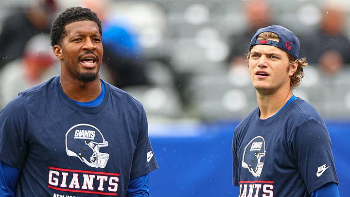 New York Giants quarterbacks Jameis Winston and J.J. McCarthy