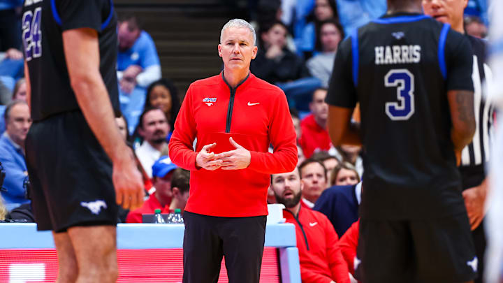 Head Coach Andy Enfield of the Southern Methodist Mustangs looks on during the second half of a basketball game against the North Carolina Tar Heels at Dean E. Smith Center on January 07, 2025 in Chapel Hill, North Carolina.