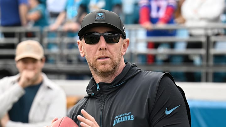 Jan 11, 2026; Jacksonville, FL, USA; Jacksonville Jaguars head coach Liam Coen before an AFC Wild Card Round game against the Buffalo Bills at EverBank Stadium. Mandatory Credit: Melina Myers-Imagn Images