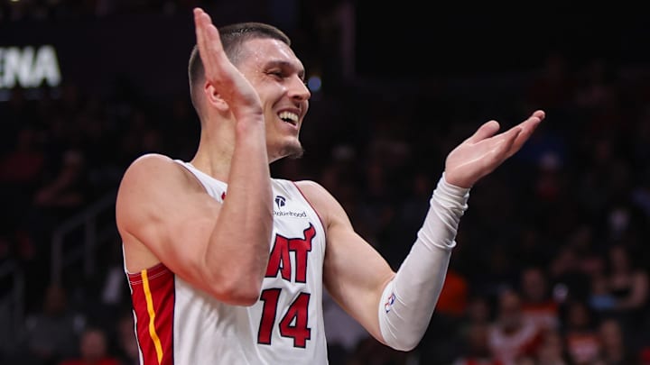 Miami Heat guard Tyler Herro (14) reacts (Mandatory Credit: Brett Davis-Imagn Images)