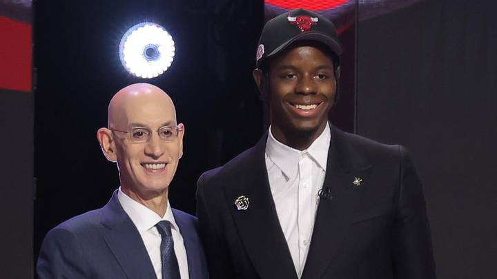 Jun 23, 2026; New York, NY, USA; NBA commissioner Adam Silver greets the fourth pick in the 2026 NBA draft, North Carolina forward Caleb Wilson after he was selected by the Chicago Bulls at Barclays Center. Mandatory Credit: Brad Penner-Imagn Images Jun 23, 2026; New York, NY, USA; NBA commissioner Adam Silver greets the fourth pick in the 2026 NBA draft, North Carolina forward Caleb Wilson after he was selected by the Chicago Bulls at Barclays Center. Mandatory Credit: Brad Penner-Imagn Images