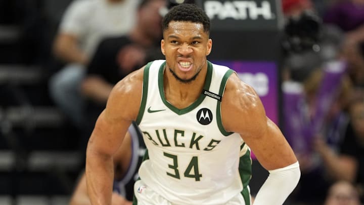 Mar 22, 2025; Sacramento, California, USA; Milwaukee Bucks forward Giannis Antetokounmpo (34) reacts after scoring against the Sacramento Kings during the fourth quarter at Golden 1 Center. Mandatory Credit: Darren Yamashita-Imagn Images