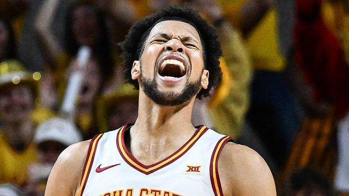 Mar 7, 2026; Ames, Iowa, USA; Iowa State Cyclones forward Joshua Jefferson (5) reacts during the second half against the Arizona State Sun Devils at James H. Hilton Coliseum. Mandatory Credit: Jeffrey Becker-Imagn Images