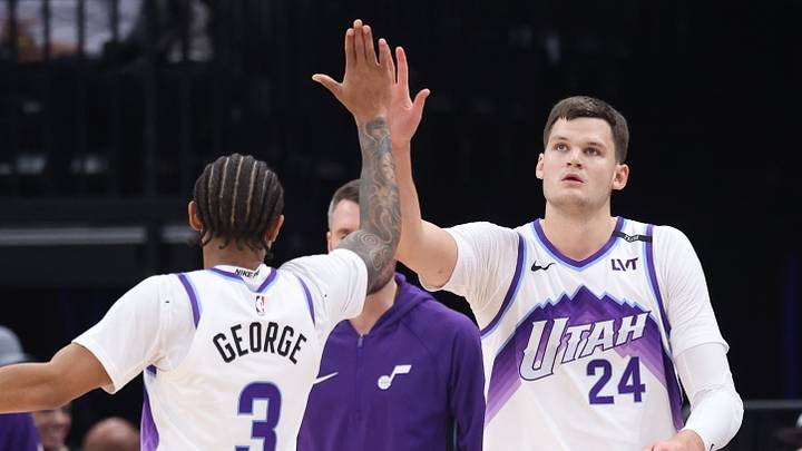 Oct 29, 2025; Salt Lake City, Utah, USA; Utah Jazz guard Keyonte George (3) and center Walker Kessler (24) react to a play against the Portland Trail Blazers during the first quarter at Delta Center. Mandatory Credit: Rob Gray-Imagn Images Oct 29, 2025; Salt Lake City, Utah, USA; Utah Jazz guard Keyonte George (3) and center Walker Kessler (24) react to a play against the Portland Trail Blazers during the first quarter at Delta Center. Mandatory Credit: Rob Gray-Imagn Images