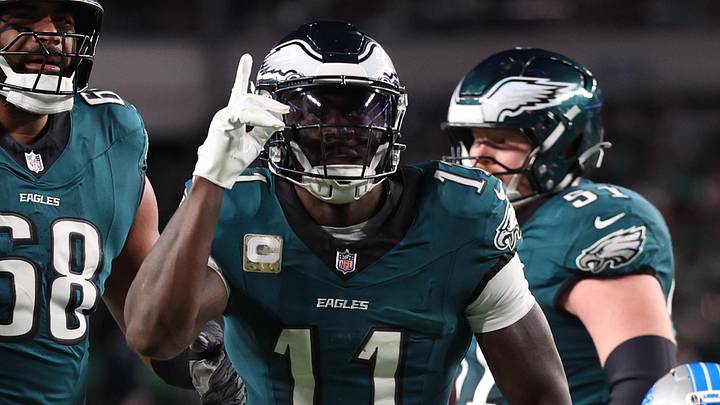 Nov 16, 2025; Philadelphia, Pennsylvania, USA; Philadelphia Eagles wide receiver A.J. Brown (11) reacts against the Detroit Lions during the first half at Lincoln Financial Field. Mandatory Credit: Bill Streicher-Imagn Images