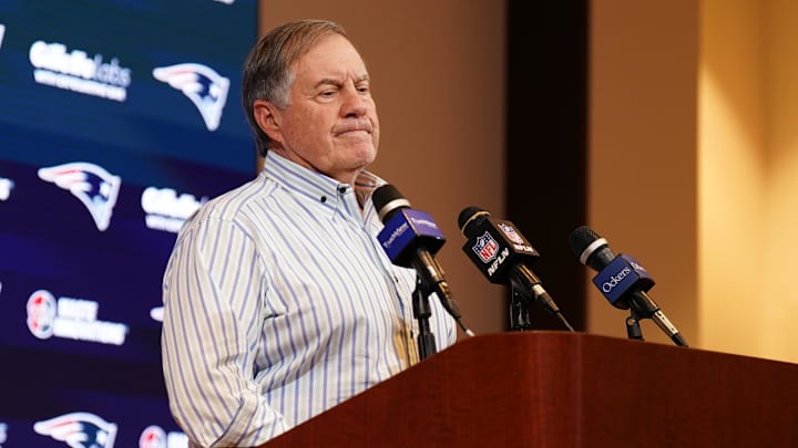 Jan 7, 2024; Foxborough, Massachusetts, USA; New England Patriots head coach Bill Belichick talks to reporters after the game against the New York Jets at Gillette Stadium. Mandatory Credit: David Butler II-USA TODAY Sports