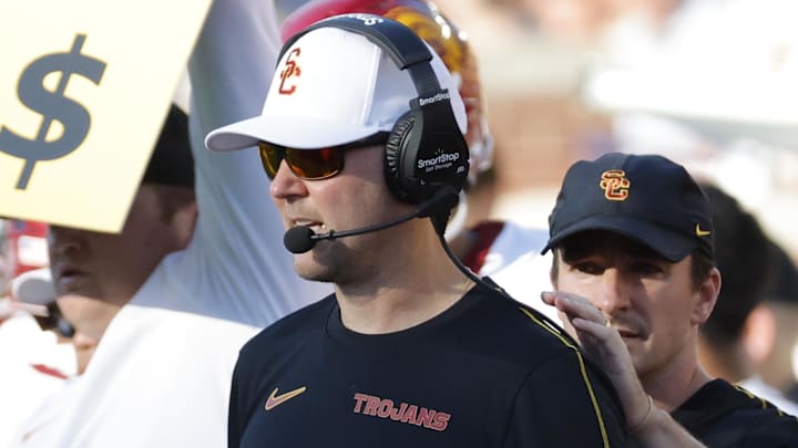 Sep 21, 2024; Ann Arbor, Michigan, USA;  USC Trojans head coach Lincoln Riley on the sideline in the second half against the Michigan Wolverines at Michigan Stadium. Mandatory Credit: Rick Osentoski-Imagn Images
