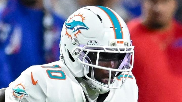 Sep 18, 2025; Orchard Park, New York, USA; Miami Dolphins wide receiver Tyreek Hill (10) runs after making a catch against the Buffalo Bills in the second quarter at Highmark Stadium. Mandatory Credit: Mark Konezny-Imagn Images