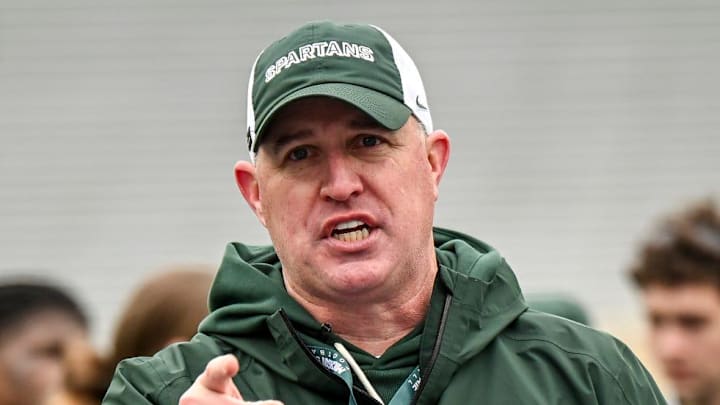 Michigan State's head coach Pat Fitzgerald addresses the team at the end of the football Spring Showcase on Saturday, April 18, 2026, at Spartan Stadium in East Lansing.