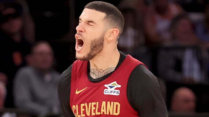 Oct 22, 2025; New York, New York, USA; Cleveland Cavaliers guard Lonzo Ball (2) reacts after a three point shot against the New York Knicks during the fourth quarter at Madison Square Garden. Mandatory Credit: Brad Penner-Imagn Images