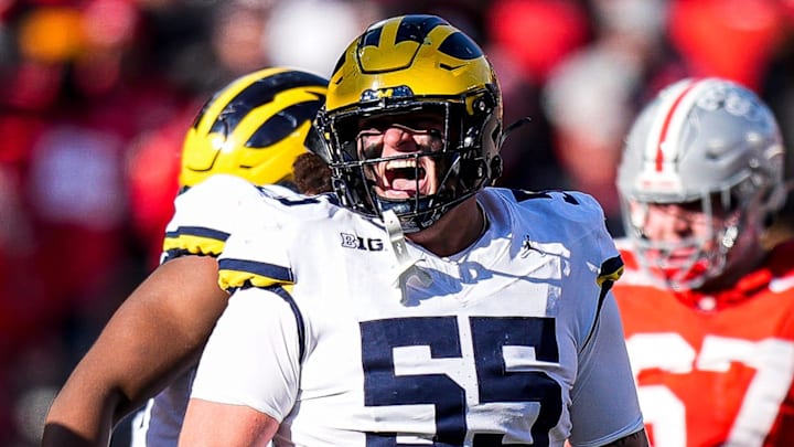 Michigan defensive lineman Mason Graham (55) celebrates a play against Ohio State during the second half at Ohio Stadium in Columbus, Ohio on Saturday, Nov. 30, 2024.
