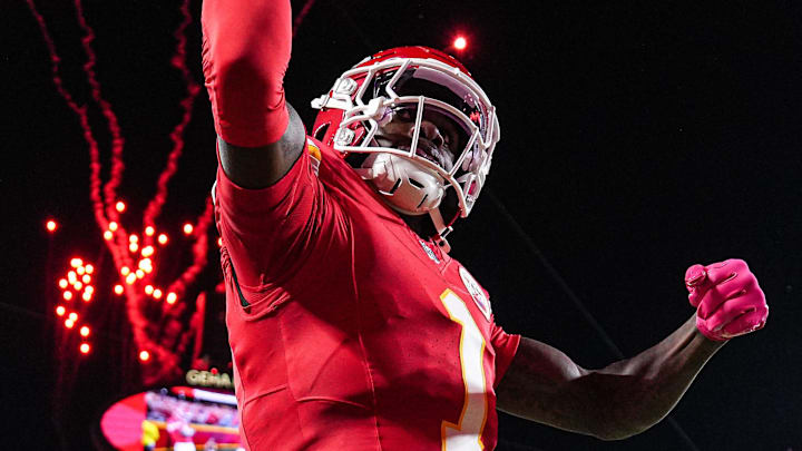Kansas City Chiefs wide receiver Xavier Worthy (1) celebrates scoring a touchdown against Detroit Lions during the first half at Arrowhead Stadium in Kansas City, Missouri on Sunday, Oct. 12, 2025.