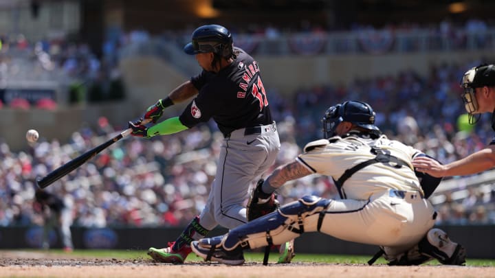 Aug 11, 2024; Minneapolis, Minnesota, USA; Cleveland Guardians third baseman Jose Ramirez (11) hits a solo home run during the fourth inning against the Minnesota Twins at Target Field. Mandatory Credit: Jordan Johnson-USA TODAY Sports Aug 11, 2024; Minneapolis, Minnesota, USA; Cleveland Guardians third baseman Jose Ramirez (11) hits a solo home run during the fourth inning against the Minnesota Twins at Target Field. Mandatory Credit: Jordan Johnson-USA TODAY Sports