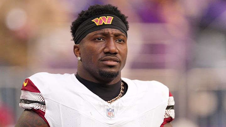Dec 7, 2025; Minneapolis, Minnesota, USA; Washington Commanders wide receiver Deebo Samuel Sr. (1) takes the field to practice before the game at U.S. Bank Stadium. Mandatory Credit: Brad Rempel-Imagn Images