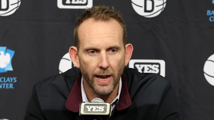 Nov 9, 2022; Brooklyn, New York, USA; Brooklyn Nets general manager Sean Marks speaks during a press conference before a game against the New York Knicks at Barclays Center. Mandatory Credit: Brad Penner-Imagn Images